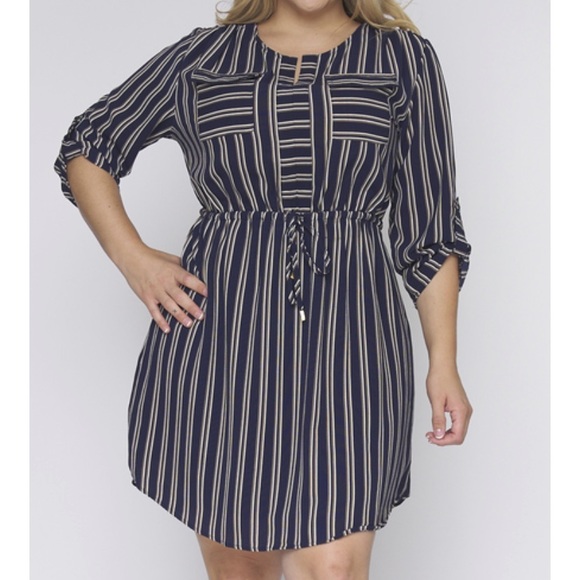 NEW PLUS Size Navy Striped Shirtdress - Picture 2 of 4